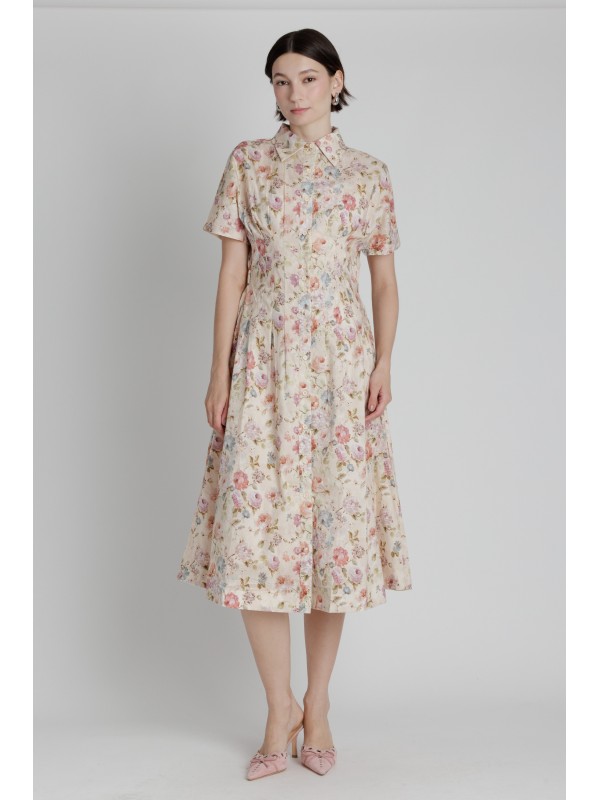 AD2613<br/>PLEATED FLORAL MIDI SHIRT DRESS